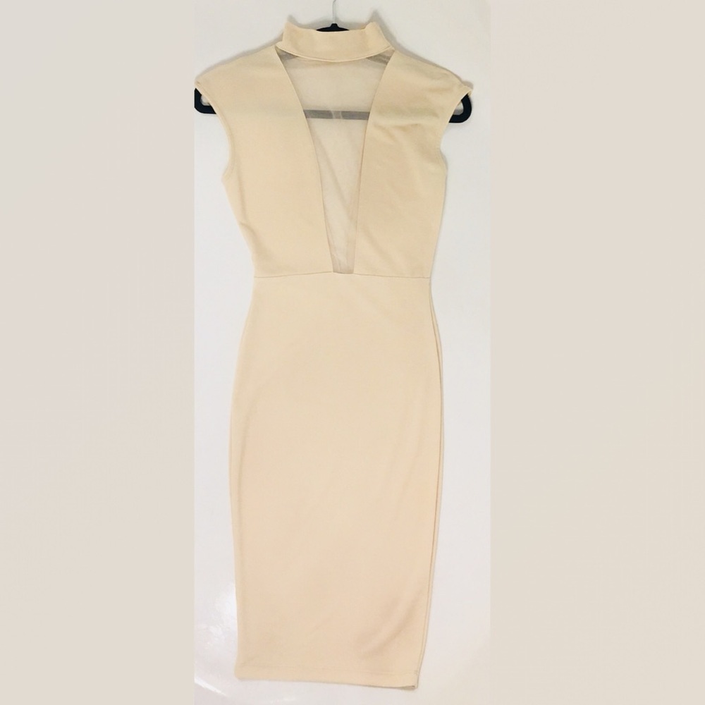 Long Nude Mock Turtleneck Dress